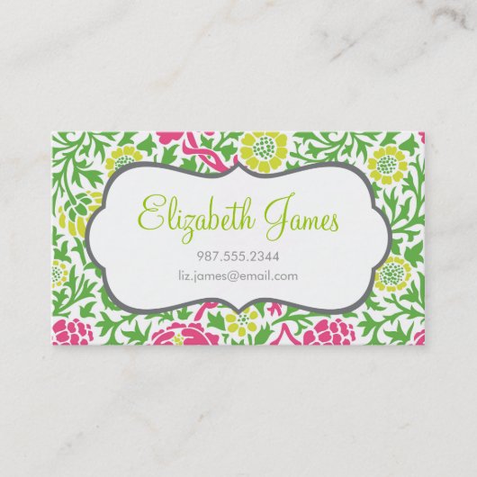 Retrosa, grün und rosa, florale Damaskus Visitenkarte (Vorderseite)