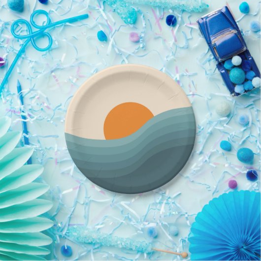 Retrostil abstrakte Sonnenuntergangslandschaft Pappteller (Party)