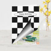 Retrowagen mit karierter Fahnenkurve Karte (Gelbe Blume)