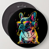 Retrowave French Bulldog mit Kopfhörern und Sungle Button (Vorne & Hinten)