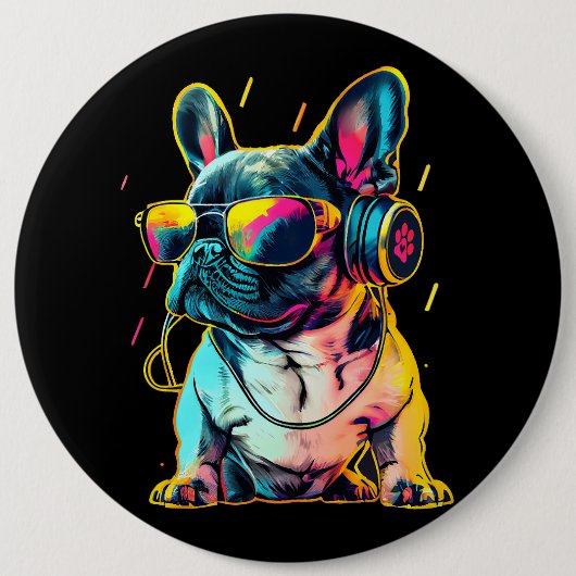 Retrowave French Bulldog mit Kopfhörern und Sungle Button (Vorderseite)