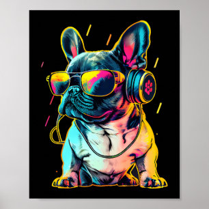 Retrowave French Bulldog mit Kopfhörern und Sungle Poster