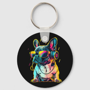 Retrowave French Bulldog mit Kopfhörern und Sungle Schlüsselanhänger