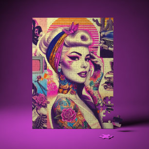 Retrowave Tattoo Button-Up Collage Puzzle