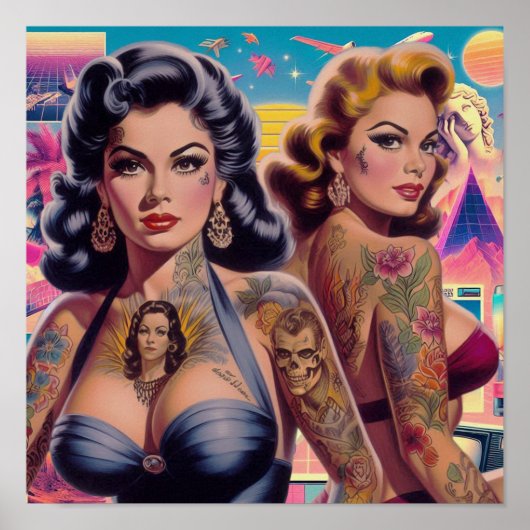 Retrowave-Tattoo-Pin-ups Poster (Vorne)