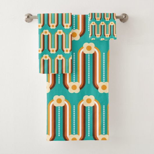 Retrowellen und Blume, Aquamarin, orange, Schokola Badhandtuch Set (Insitu)