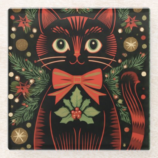 RetroXmasCat Glasuntersetzer (Vorderseite)