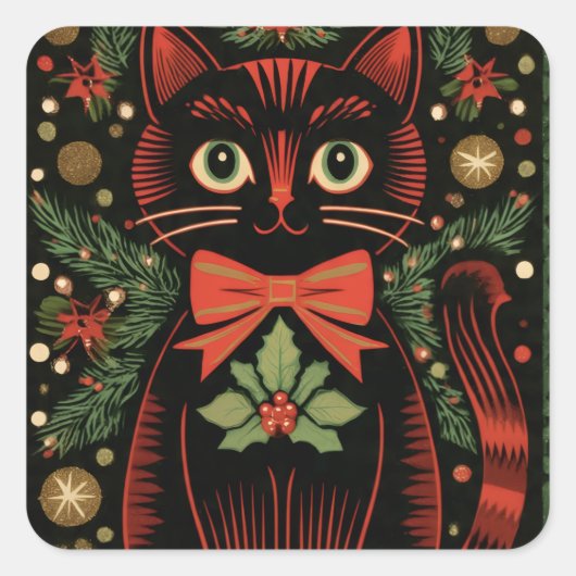 RetroXmasCat  Quadratischer Aufkleber (Vorderseite)