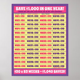 Rett $1.000 in einem Jahr! Geldziele rosa und Lila Poster