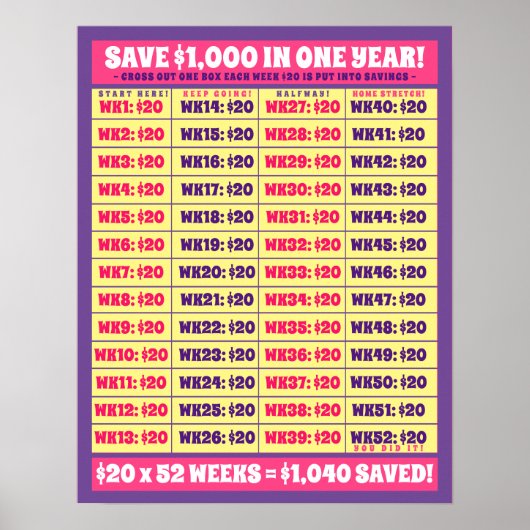 Rett $1.000 in einem Jahr! Geldziele rosa und Lila Poster (Vorne)