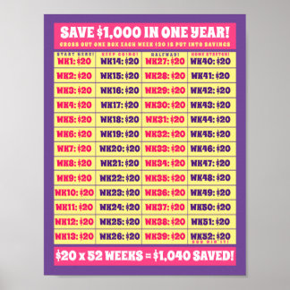 Rett $1.000 in einem Jahr! Geldziele rosa und Lila Poster