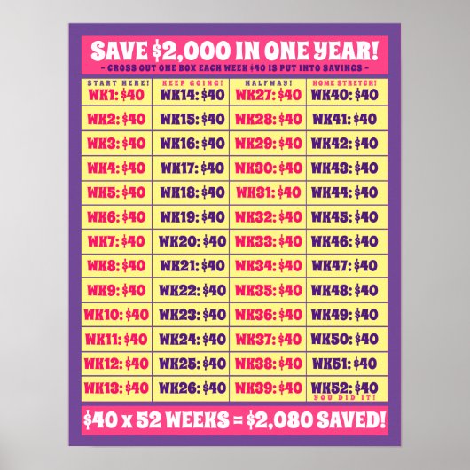 Rett $2.000 in einem Jahr! Geldziele rosa und Lila Poster (Vorne)