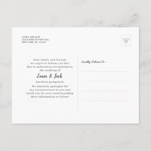 Rett der neuen Date Wedding Postponement Mason Jar Ankündigungspostkarte (Rückseite)