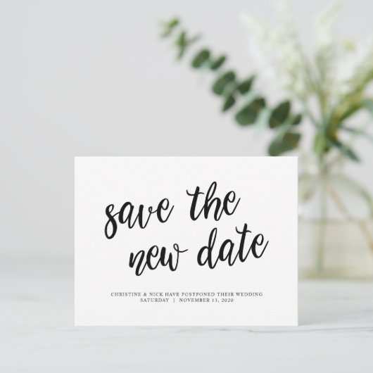 Rett des neuen Datums, Hochzeitsaufschub, Black Postkarte (Stehend Vorderseite)