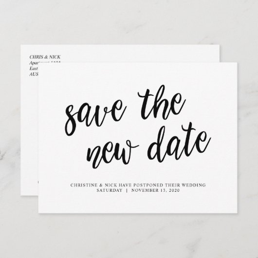 Rett des neuen Datums, Hochzeitsaufschub, Black Postkarte (Vorne/Hinten)