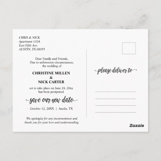 Rett des neuen Datums, Hochzeitsaufschub, Black Postkarte (Rückseite)