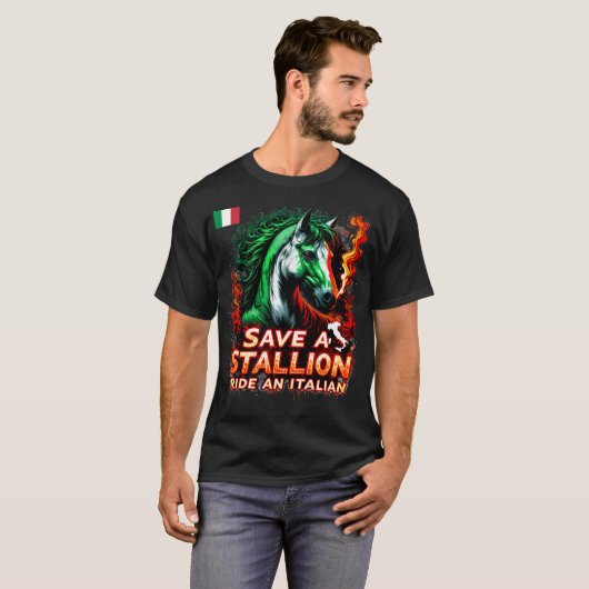 Rett einer Hengstfahrt mit italienischem Funny-Des T-Shirt (Vorne ganz)