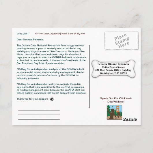 Rett Off-Leash Hund Walking Senator Feinstein Postkarte (Rückseite)