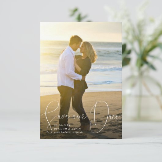 Rett unser Date Raffined Lines Smooth Pen Script Einladung (Stehend Vorderseite)