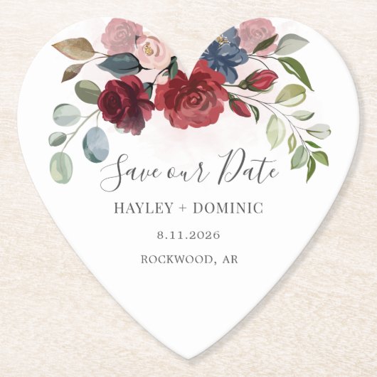 Rett unser Date Script Burgundy Floral Custom Untersetzer (Vorderseite)