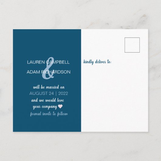 Rett unser Datum Blue & White Wedding Ankündigungspostkarte (Rückseite)