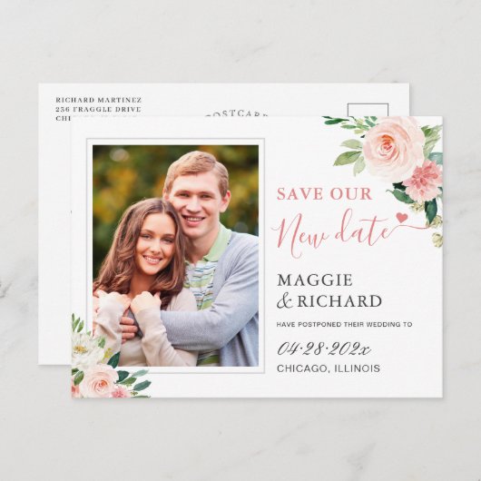 Rett unser neues Date Blush Pink Chic Floral Foto Postkarte (Vorne/Hinten)