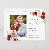 Rett unser neues Date Burgundy Red Floral Foto Postkarte (Vorne/Hinten)