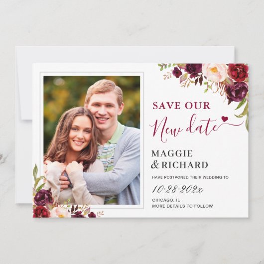 Rett unser neues Date Burgundy Red Floral Foto Save The Date (Vorderseite)