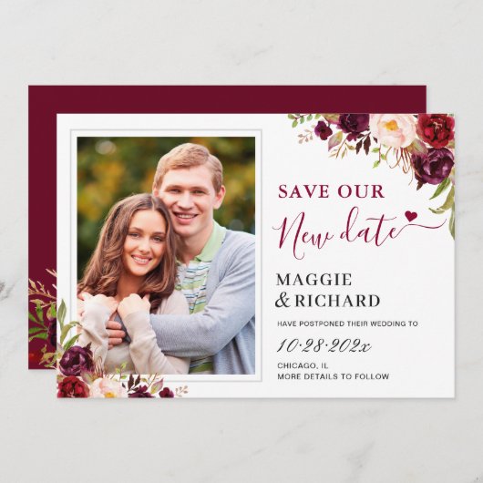 Rett unser neues Date Burgundy Red Floral Foto Save The Date (Vorne/Hinten)
