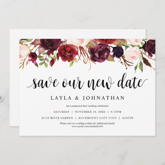 Rett unser neues Datum, Hochzeit Ändern des Datums Einladung (Vorne/Hinten)