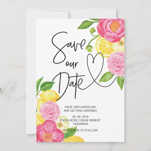Rett unsere Date Pink and Lemon Floral Wedding Einladung (Vorderseite)