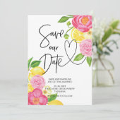 Rett unsere Date Pink and Lemon Floral Wedding Einladung (Stehend Vorderseite)