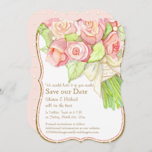 Rett unsere Date Wasserfarbe Rose Bouquet Perlen Save The Date (Vorne/Hinten)