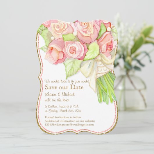 Rett unsere Date Wasserfarbe Rose Bouquet Perlen Save The Date (Stehend Vorderseite)