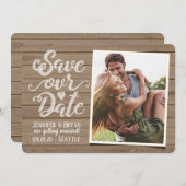 Rett unsere Hochzeit | Foto auf rustikalem Holz Einladung (Vorne/Hinten)