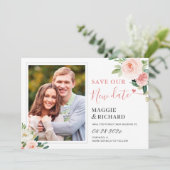 Rett unserem neuen Datum Elegantes Rosa Foto Save The Date (Stehend Vorderseite)