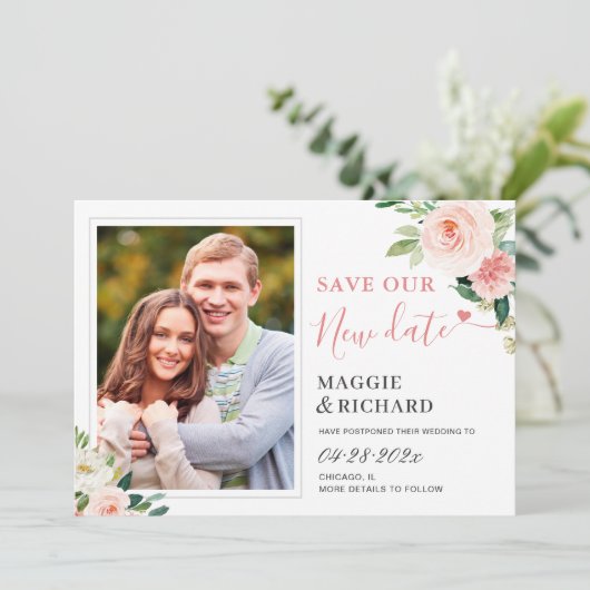 Rett unserem neuen Datum Elegantes Rosa Foto Save The Date (Stehend Vorderseite)