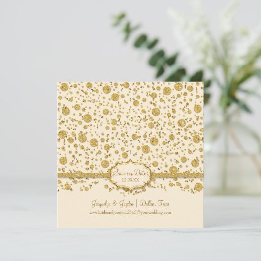 Rett unseren Date Gold Leaf Glitzer Confetti Polka Save The Date (Stehend Vorderseite)