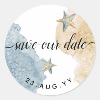 Rett unserer Date Watercolor Modern Dusty Blue Wed Runder Aufkleber