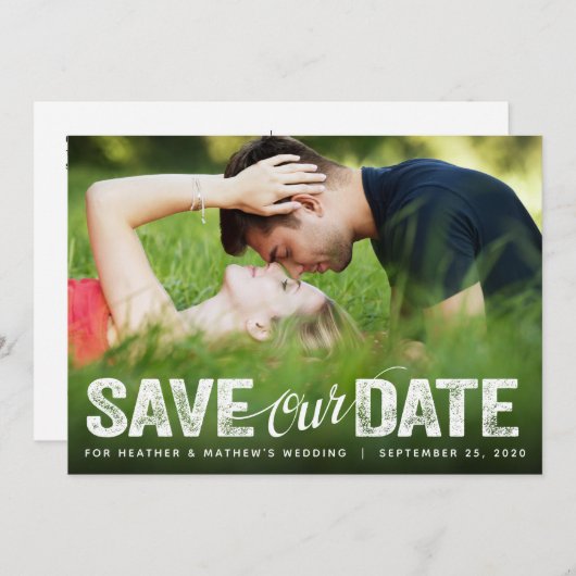 Rett unserer Date Wedding Distressed Script-Fotoka Einladung (Vorne/Hinten)