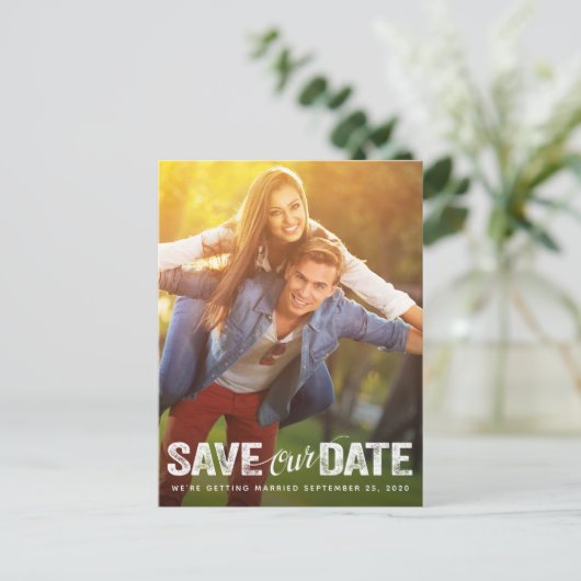 Rett unserer Date Wedding Distressed Script-Fotoka Postkarte (Stehend Vorderseite)