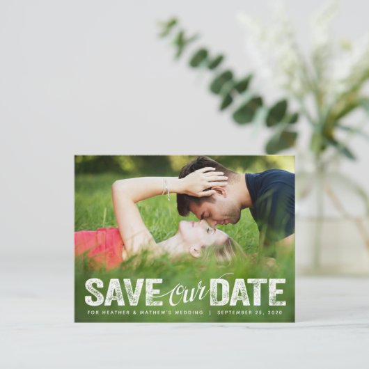 Rett unserer Date Wedding Distressed Script-Fotoka Postkarte (Stehend Vorderseite)