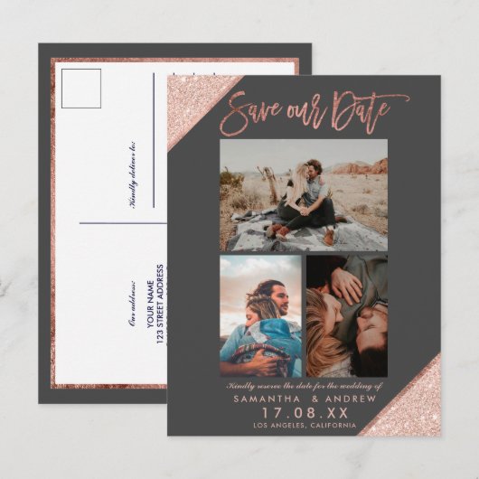 Rett unserer Datums-Rose goldgraues Foto-Raster Ankündigungspostkarte (Vorne/Hinten)