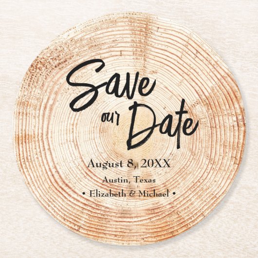 Rett unseres Datums Gedrucktes Holz Rustikale Hoch Runder Pappuntersetzer (Vorderseite)