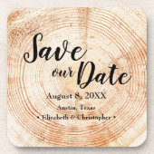 Rett unseres Datums Holzkorn Hochzeit rustikale Ma Getränkeuntersetzer (Vorderseite)