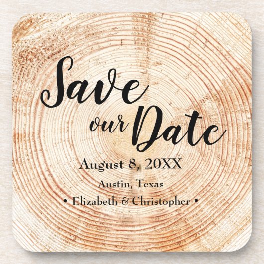 Rett unseres Datums Holzkorn Hochzeit rustikale Ma Getränkeuntersetzer (Vorderseite)