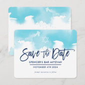 RETTE DAS DATUM MITZVAH moderne aqua blaue Wasserf Save The Date (Vorne/Hinten)