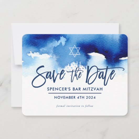 RETTE DAS DATUM MITZVAH moderne dunkelblaue Wasser Save The Date (Vorderseite)