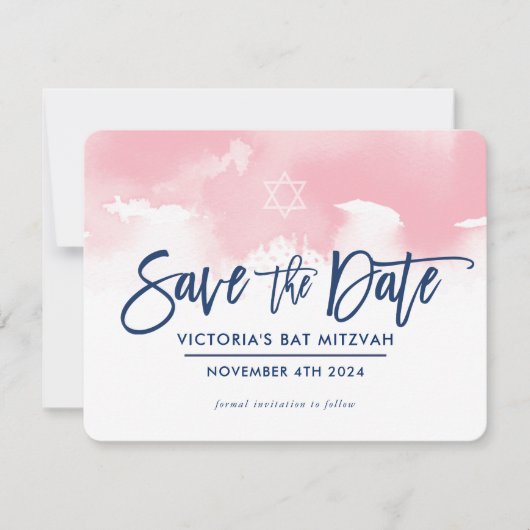 RETTE DAS DATUM MITZVAH moderne hellrosa Wasserfar Save The Date (Vorderseite)