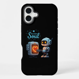 Rette deine Seele Süßer Roboter hält Herz – Futuri iPhone 16 Plus Hülle